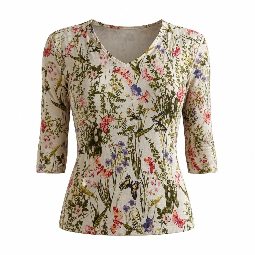 J Jill Petite Floral Butterfly V Neck 3/4 Sleeve Top Shirt Women's Size LP